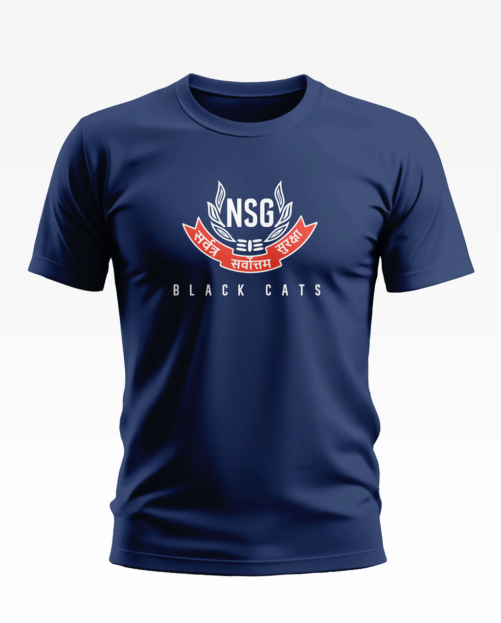 Navy blue men's t-shirt with NSG Black Cats logo and Hindi text on the chest