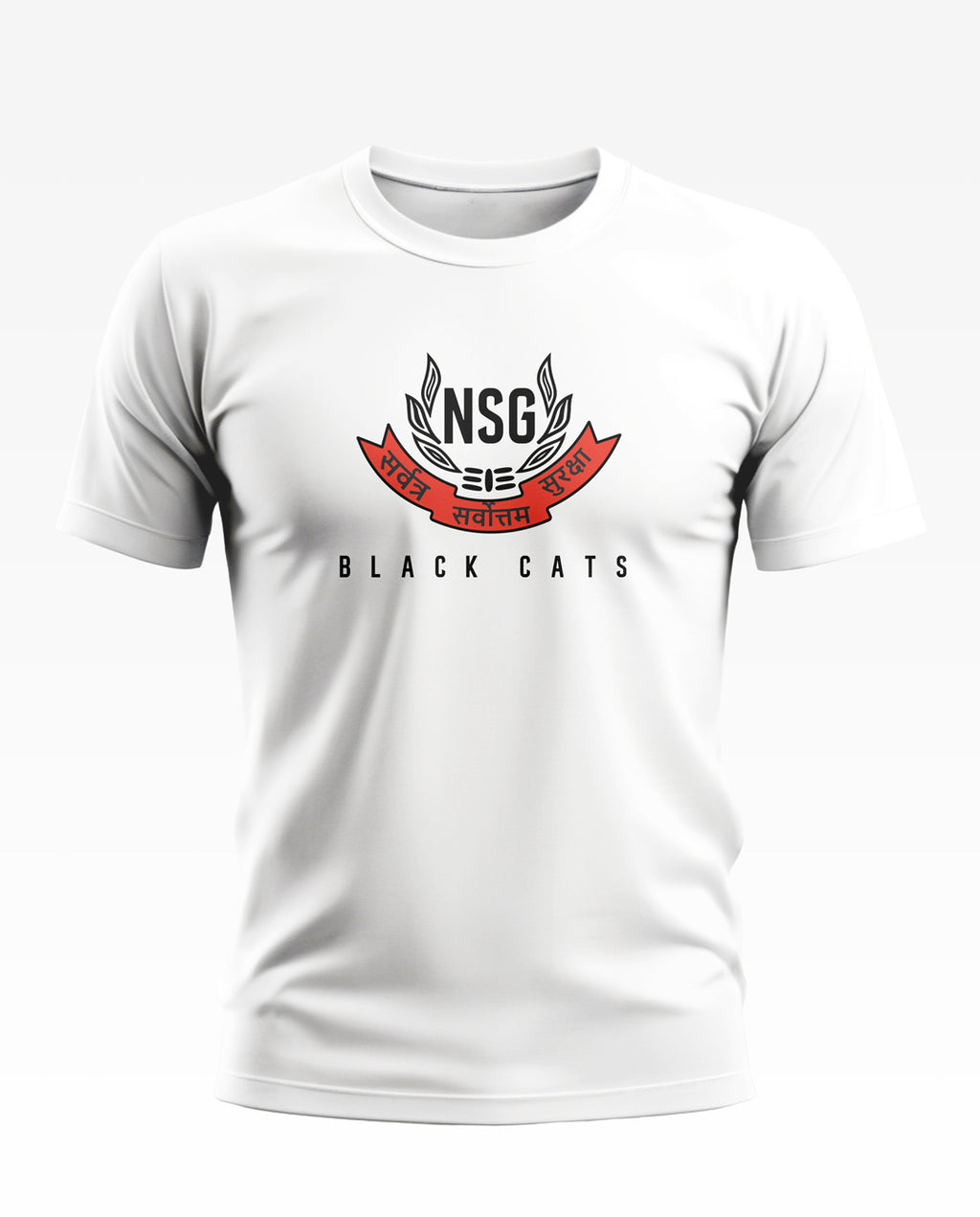 White men's t-shirt with NSG Black Cats logo and Hindi text, Indian army-inspired fashion