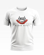 White men's t-shirt with NSG Black Cats logo and Hindi text, Indian army-inspired fashion