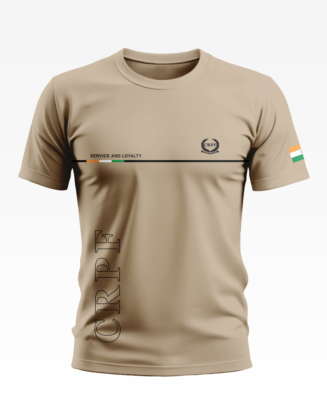 Beige men's t-shirt with CRPF text, service and loyalty print, and Indian flag on sleeve