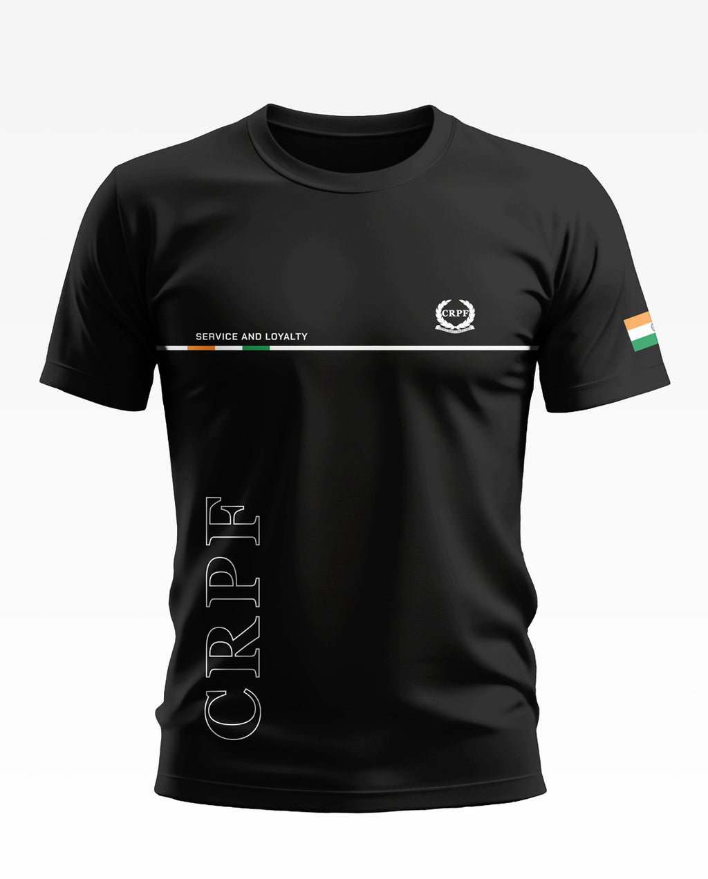 Black CRPF men's t-shirt with 'Service and Loyalty' text, India flag on sleeve