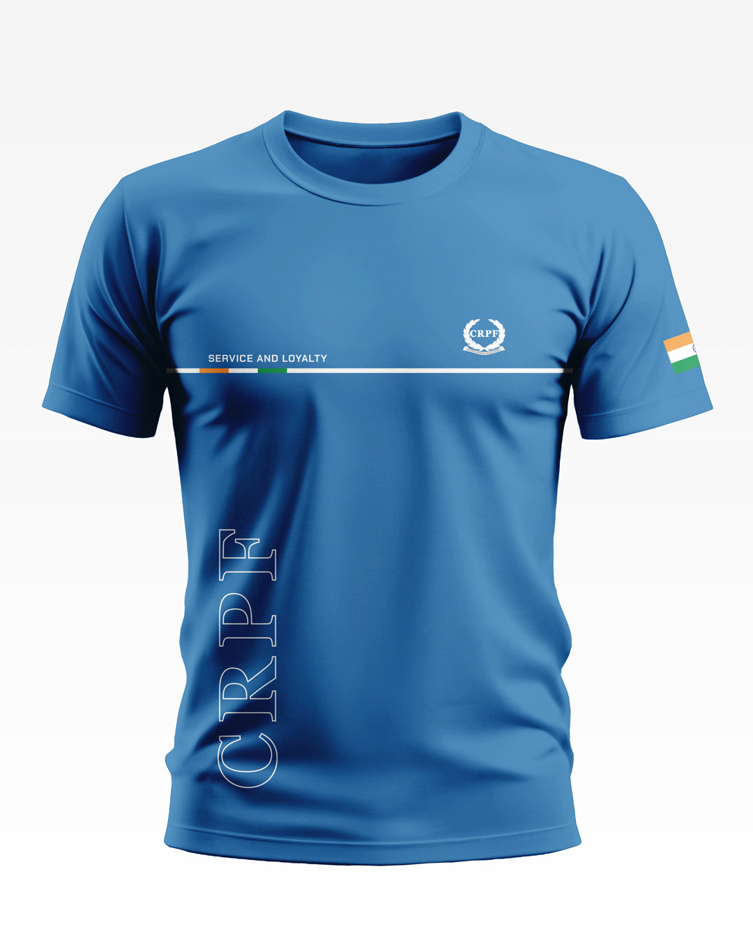 Blue CRPF T-shirt with 'SERVICE AND LOYALTY' text, Indian flag sleeve patch, and CRPF logo