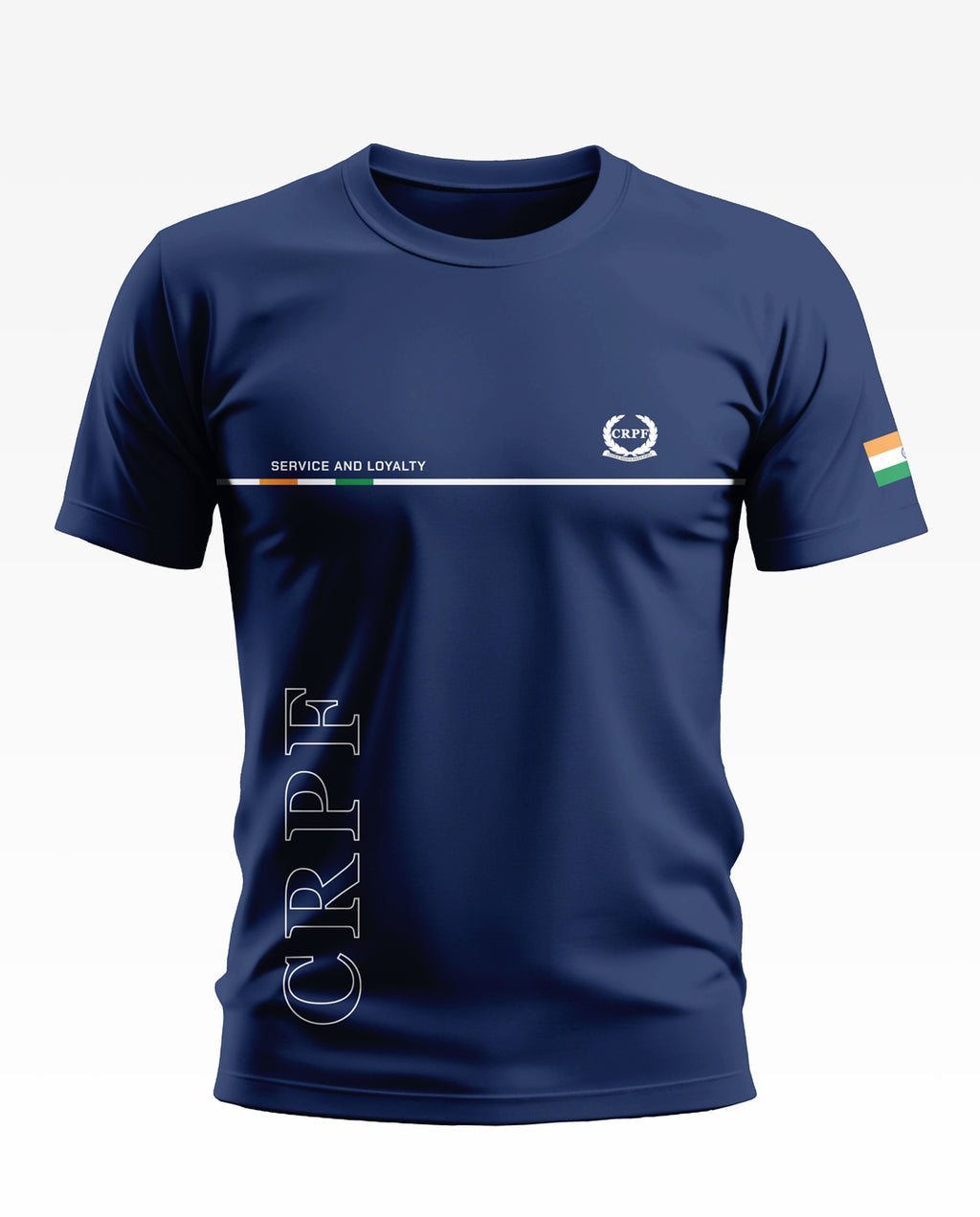 Navy blue CRPF t-shirt with Service and Loyalty text, Indian flag patch on sleeve