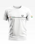 White CRPF men's t-shirt with 'Service and Loyalty' text, chest logo, and Indian flag sleeve print