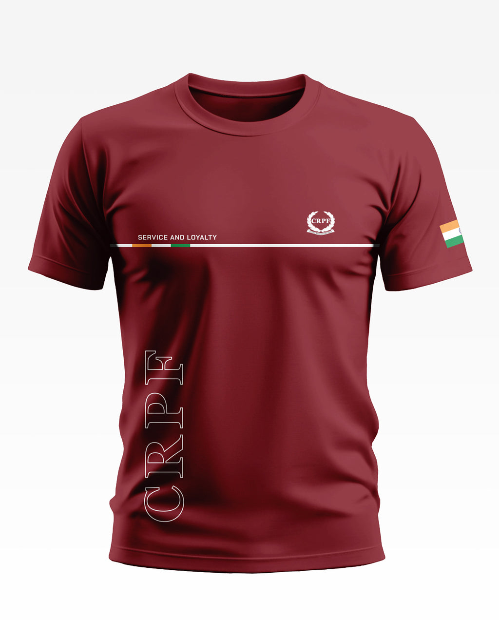 Maroon CRPF t-shirt with 'Service and Loyalty' text, logo, and Indian flag on sleeve