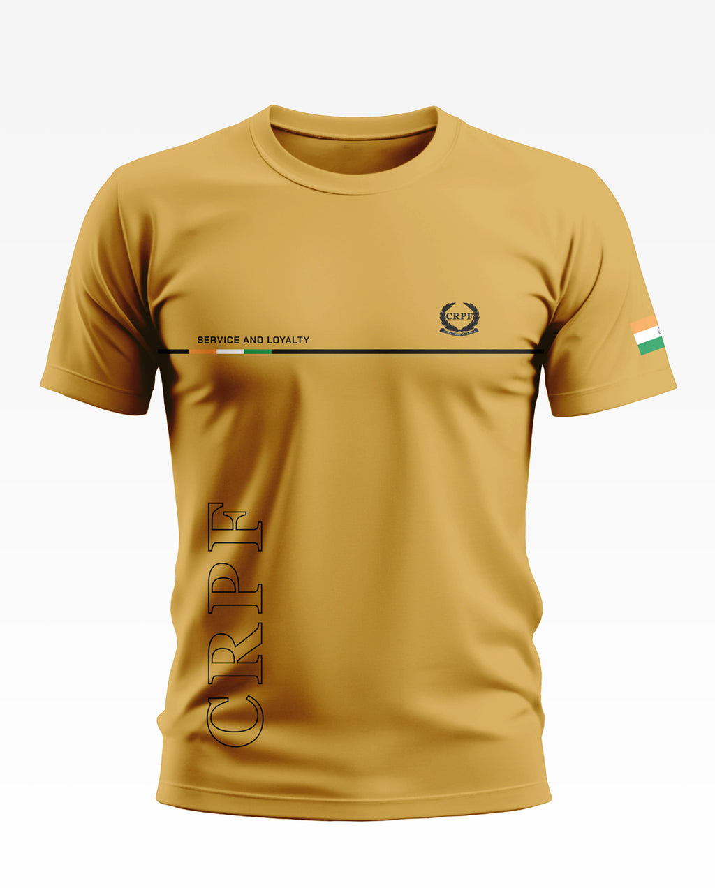 Yellow CRPF T-shirt with Service and Loyalty text, Indian flag patch on sleeve, men's casual wear