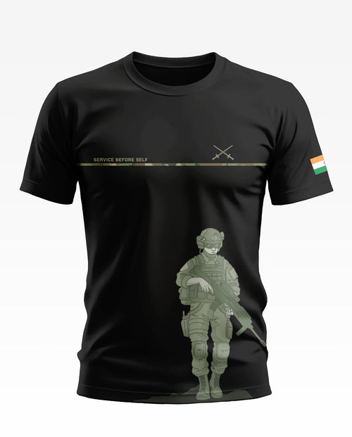 Black t-shirt with soldier graphic, 'Service Before Self' text, and Indian flag on sleeve