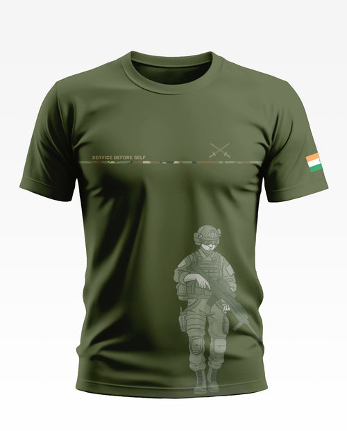 Olive green men's t-shirt with cartoon soldier graphic, 'Service Before Self' text, and Indian flag sleeve patch