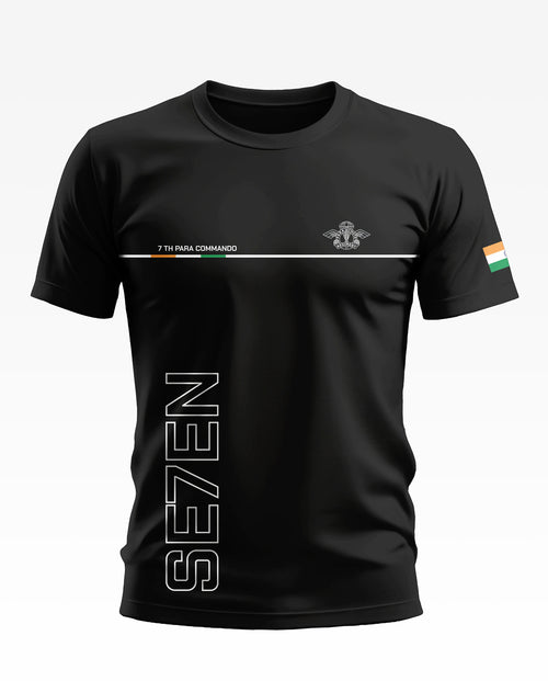 Black men's t-shirt with 7th Para Commando text, embroidered badge, and Indian flag sleeve patch