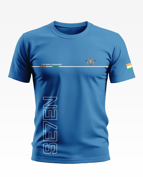 Blue men's t-shirt with SE7EN text, 7th Para Commando insignia, and Indian flag sleeve detail.