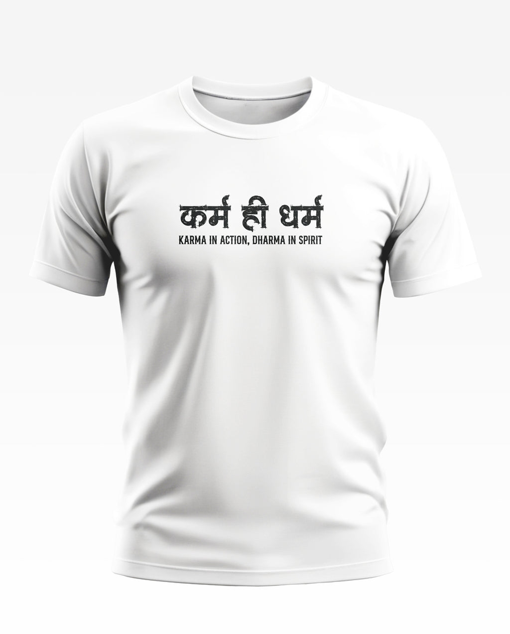 White men's t-shirt with Hindi and English text print, round neck, short sleeves.