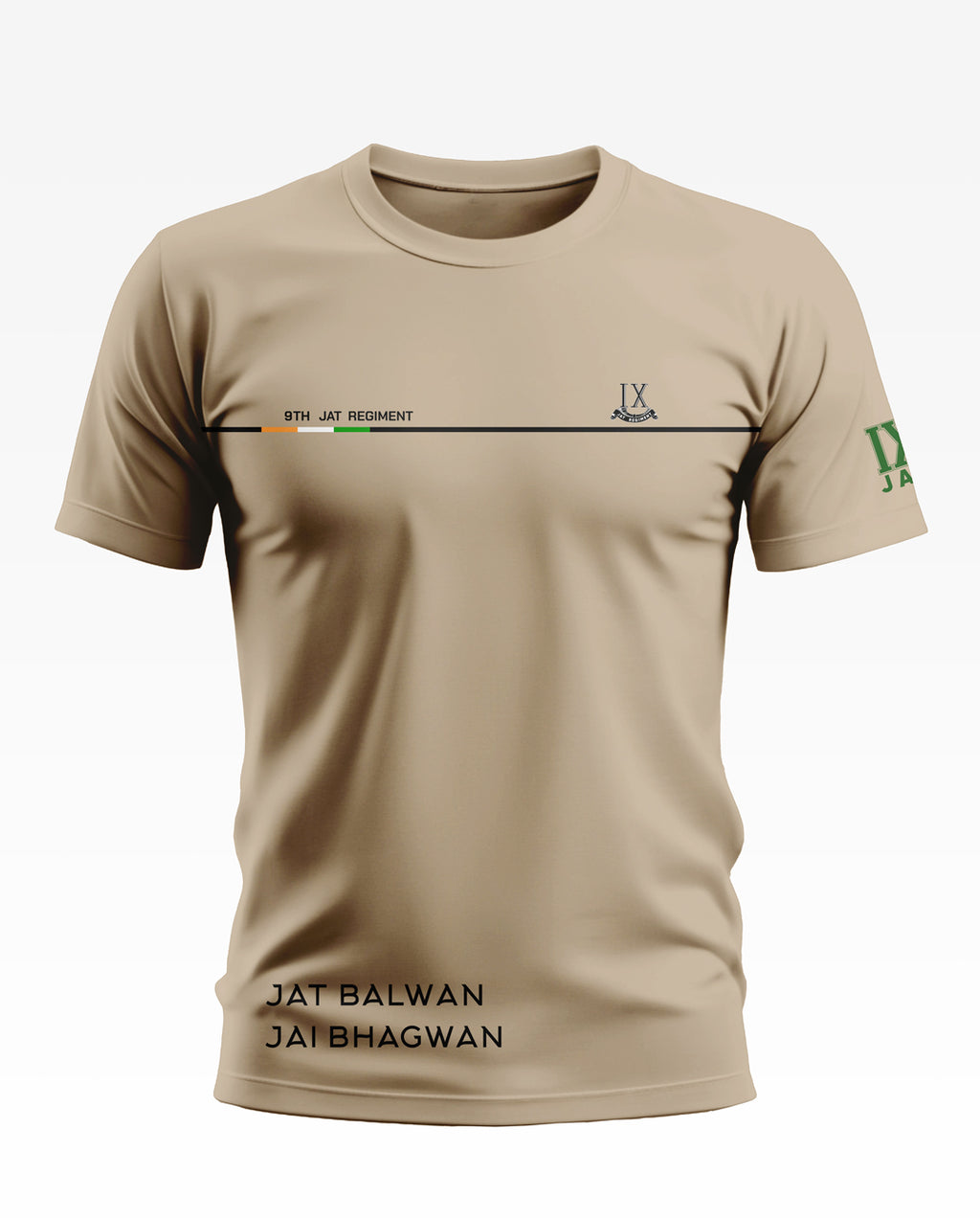 Beige men's t-shirt featuring '9th Jat Regiment' text and military-inspired graphics