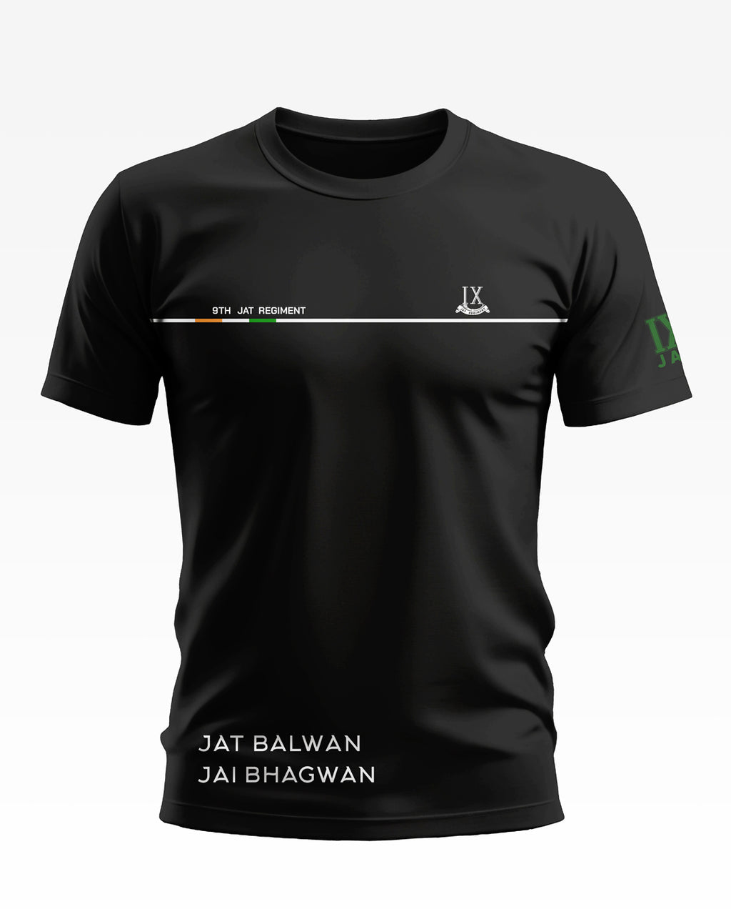 Black men's t-shirt with '9th Jat Regiment' and 'JAT BALWAN JAI BHAGWAN' text, army-inspired design.