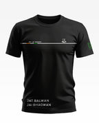 Black men's t-shirt with '9th Jat Regiment' and 'JAT BALWAN JAI BHAGWAN' text, army-inspired design.