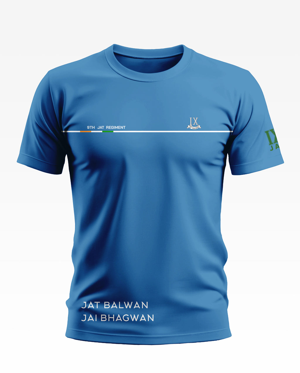 Blue men's t-shirt featuring '9th Jat Regiment' and 'Jat Balwan Jai Bhagwan' printed design.
