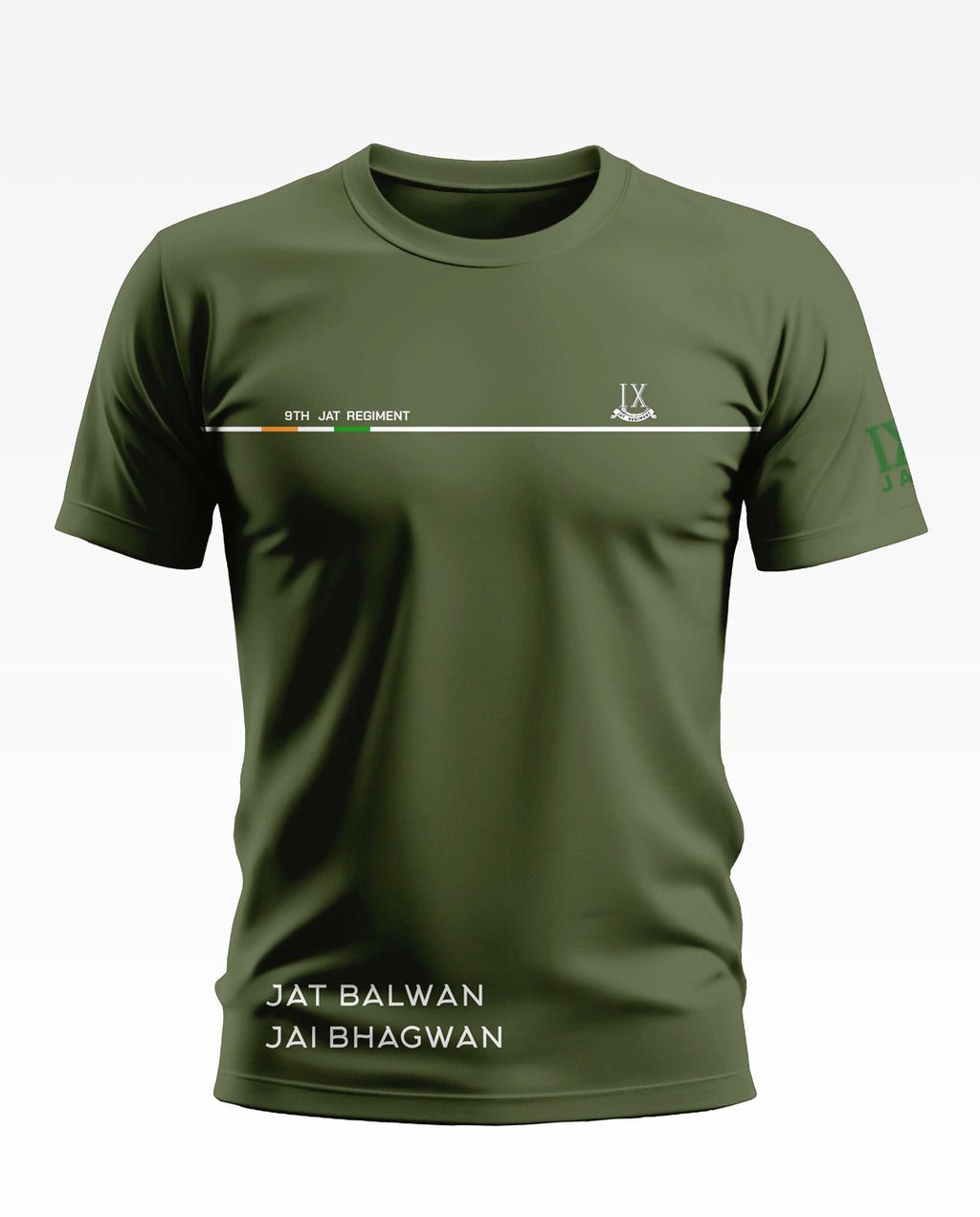 Olive green men's t-shirt with '9th Jat Regiment' and 'Jat Balwan Jai Bhagwan' printed on front