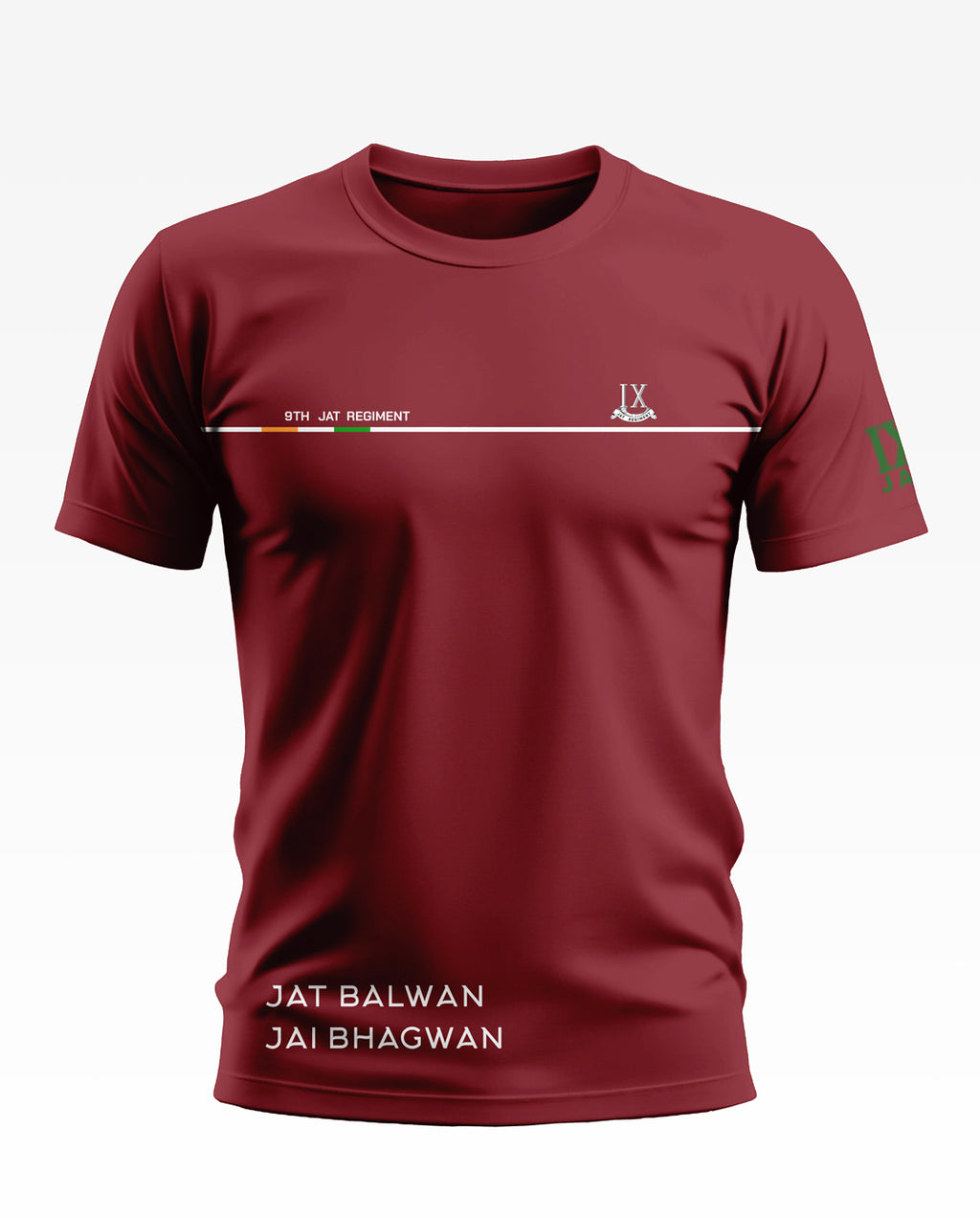Maroon men's t-shirt with '9th Jat Regiment' and 'Jat Balwan Jai Bhagwan' printed design