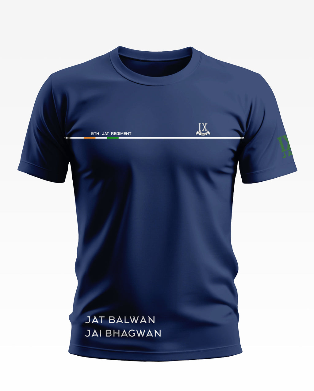 Navy blue men's t-shirt with '9th Jat Regiment' text, white stripe, and green sleeve print.