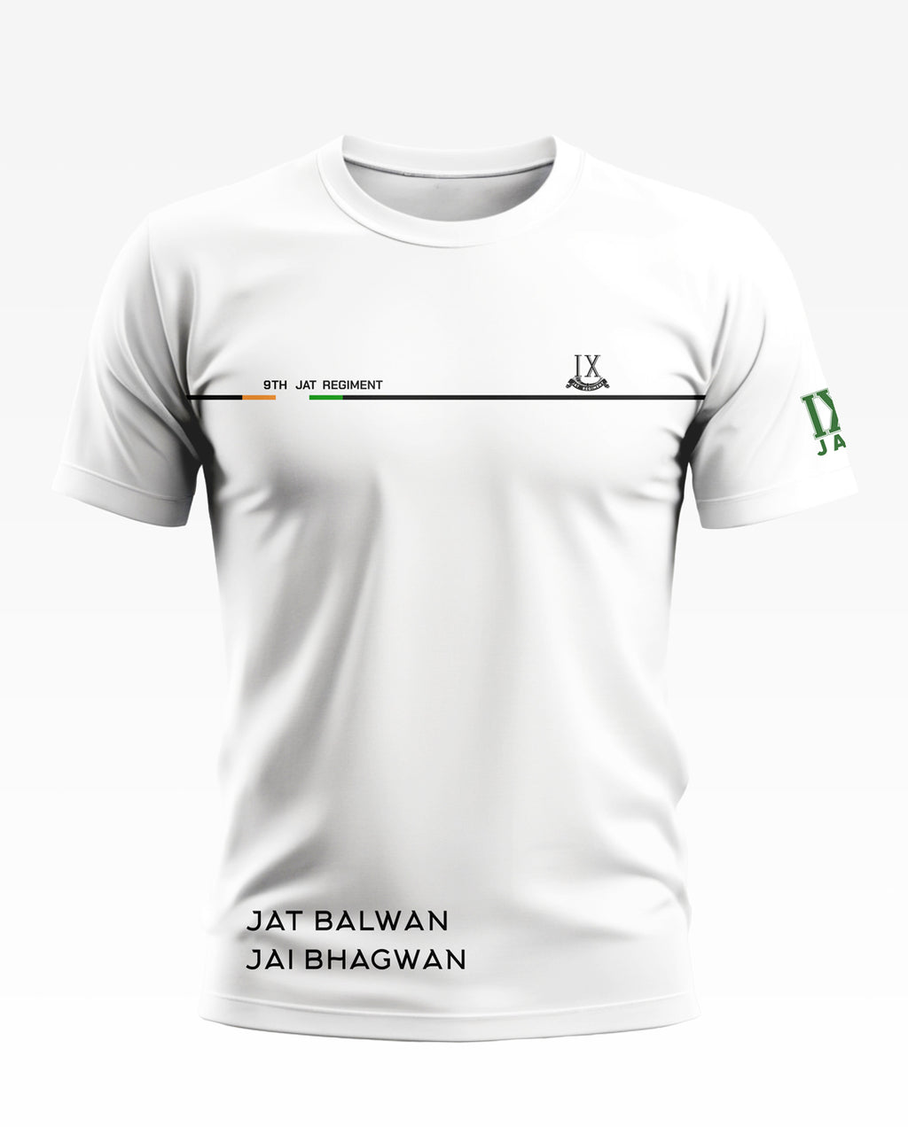 White crew neck t-shirt with '9th Jat Regiment' and 'Jat Balwan Jai Bhagwan' printed design
