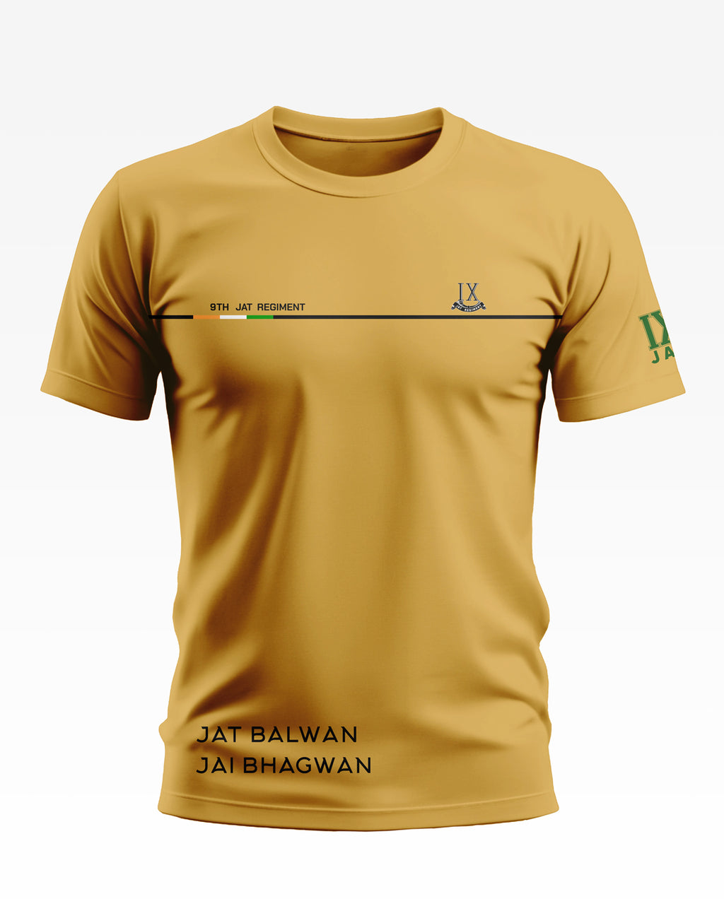 Yellow men's t-shirt with '9th JAT Regiment' text, IX symbol, and army-inspired design.