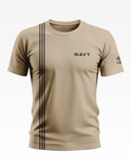 Beige men's t-shirt with NAVY text, black stripes, and anchor sleeve print