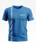 Blue men's t-shirt with 'NAVY' text, white stripes, and anchor graphic on sleeve