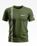 Olive green men's t-shirt with NAVY text, white stripes, and anchor graphic on sleeve