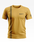 Yellow men's t-shirt with NAVY text, anchor sleeve print, and black vertical stripes