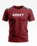 Maroon men's army-themed t-shirt with 'ARMY' text and camouflage shoulder accents