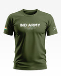 Olive green men's t-shirt with 'IND ARMY' print, Indian flag patch and crossed swords sleeve design.