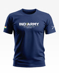 Navy blue men's t-shirt with 'IND ARMY' text, Indian flag patch, and crossed swords graphic
