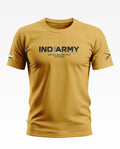 Yellow men's t-shirt with IND ARMY print, Indian flag on sleeve, and black crossed swords design