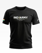 Black men's t-shirt with INDIARMY print, army slogan, Indian flag patch, and crossed swords graphic