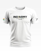 White men's t-shirt with 'INDIAN ARMY' text, Indian flag on sleeve, military graphic style.