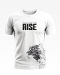 White men's t-shirt with 'ROAR AND THE RISE' text and a black leopard graphic print