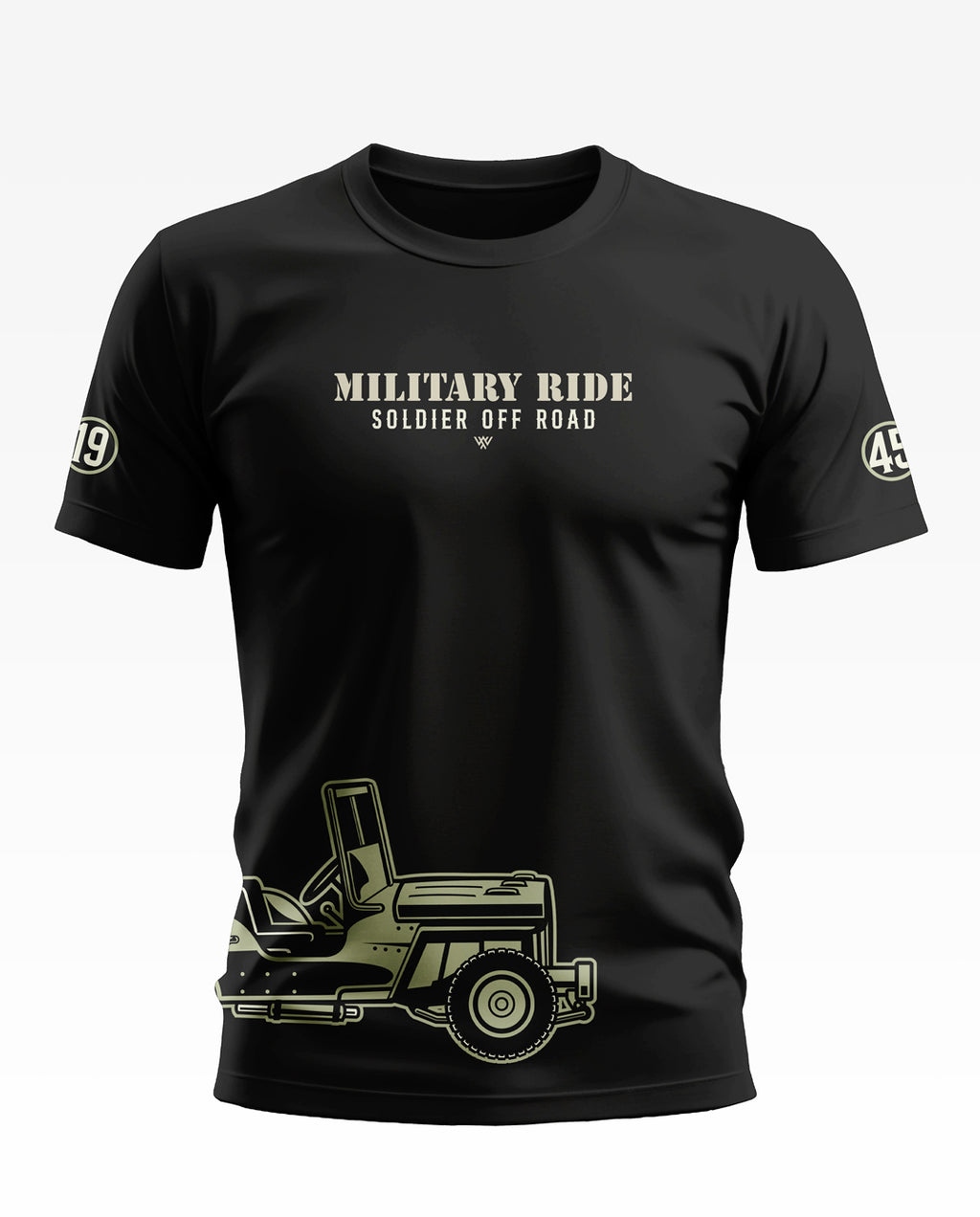 Black men's t-shirt with 'Military Ride Soldier Off Road' text and jeep graphic print