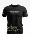 Black men's t-shirt with 'Military Ride Soldier Off Road' text and jeep graphic print
