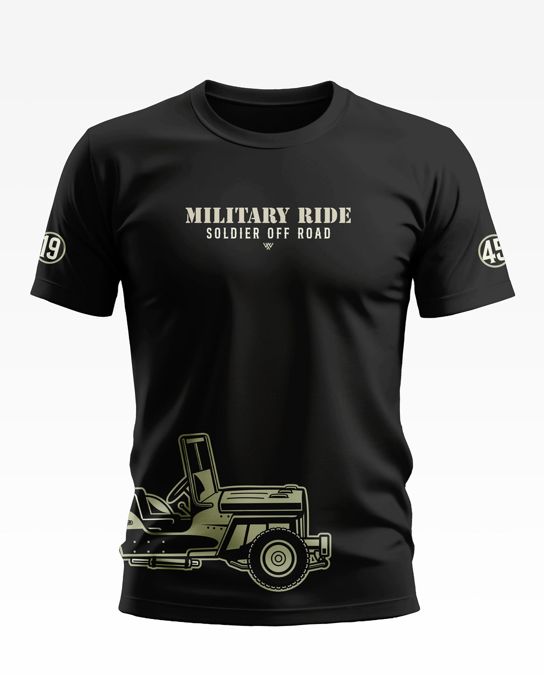 Black men's t-shirt with 'Military Ride Soldier Off Road' text and jeep graphic print