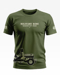 Olive green men's t-shirt with 'Military Ride Soldier Off Road' text and army jeep graphic