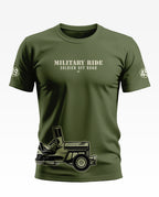 Olive green men's t-shirt with 'Military Ride Soldier Off Road' text and army jeep graphic