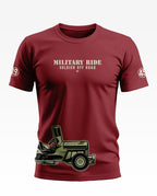 Maroon men's t-shirt with 'Military Ride Soldier Off Road' text and army jeep graphic