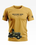 Yellow men's t-shirt with 'Military Ride Soldier Off Road' text and army jeep graphic.