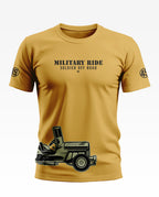 Yellow men's t-shirt with 'Military Ride Soldier Off Road' text and army jeep graphic.