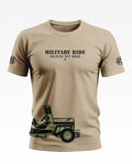 Beige men's t-shirt with 'MILITARY RIDE SOLDIER OFF ROAD' text and army jeep graphic print.