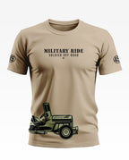Beige men's t-shirt with 'MILITARY RIDE SOLDIER OFF ROAD' text and army jeep graphic print.