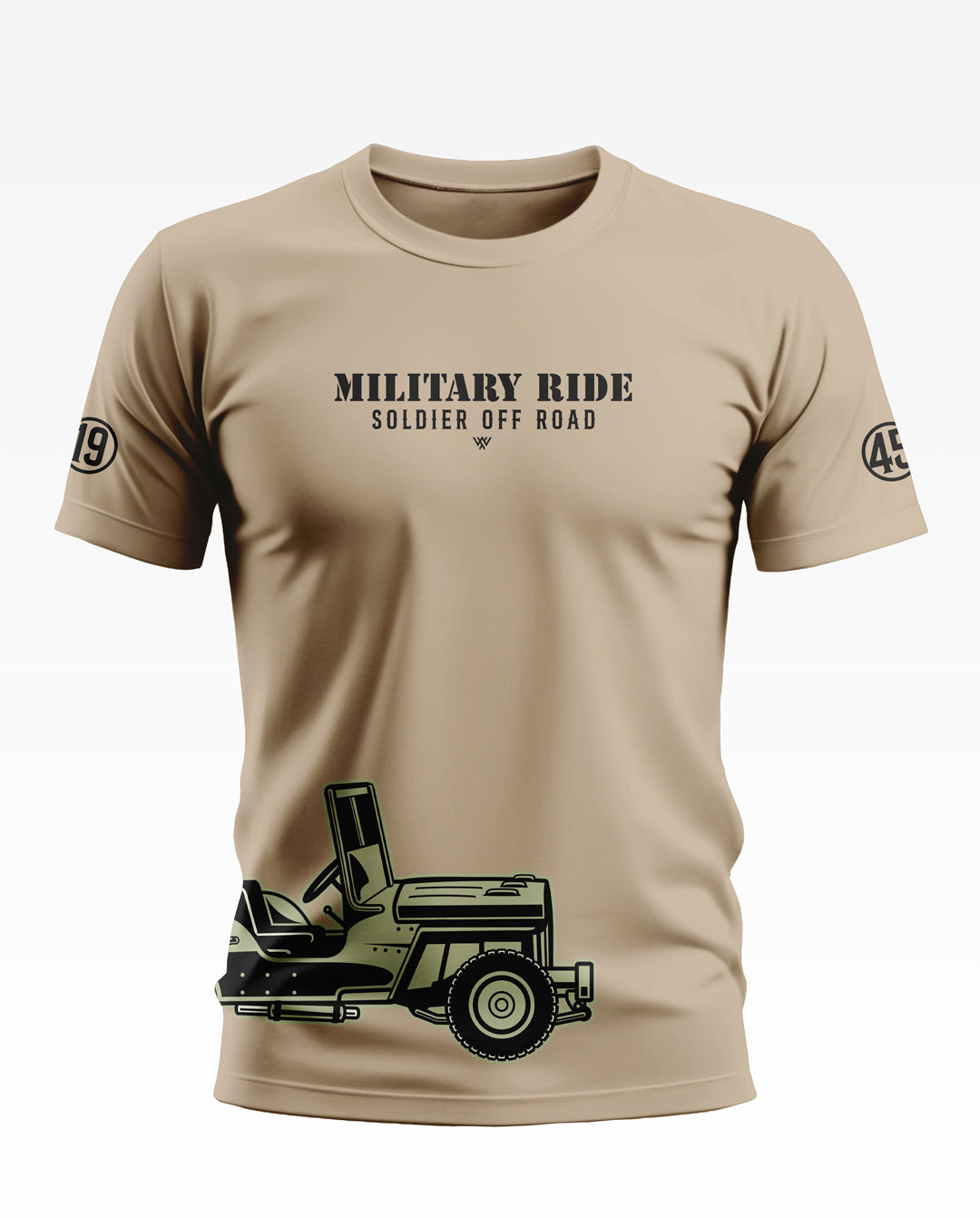 Beige men's t-shirt with 'MILITARY RIDE SOLDIER OFF ROAD' text and army jeep graphic print.