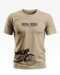 Beige men's t-shirt with 'Royal Rider' text and black motorcycle graphic print.