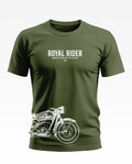 Olive green men's t-shirt with 'Royal Rider' motorbike graphic and bold text on chest.