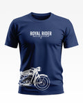 Navy blue men's t-shirt with 'ROYAL RIDER' text and white motorcycle graphic design