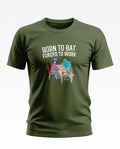 Olive green men's t-shirt with 'Born to Bat Forced to Work' print and cartoon graphic